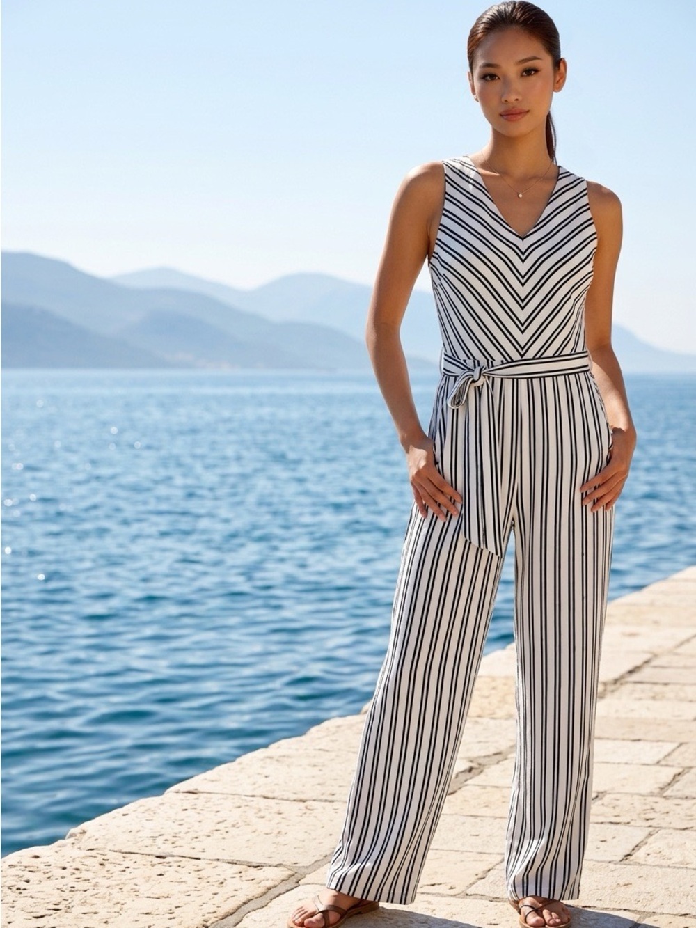2365 - Banana Republic Striped Chevron Wide-Leg V-Neck Jumpsuit